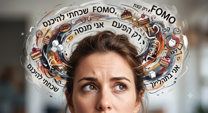 אישה במאבק מנטלי עם מערבולת מחשבות על אוכל, הממחישה את הקושי בדיאטות, תחושת הפסד, ופחד מהחמצה (FOMO)